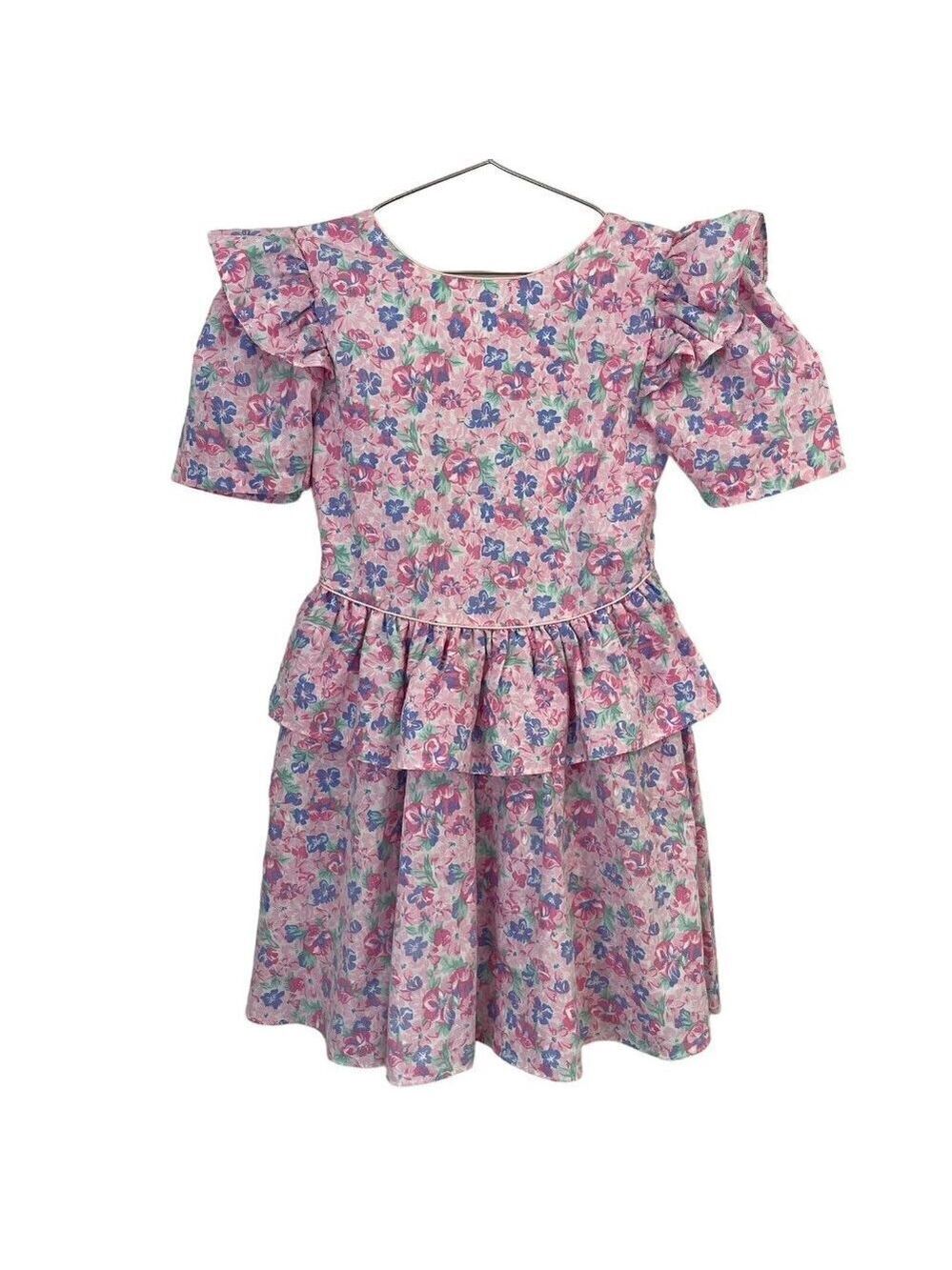 Vintage 80s/90s Floral Party Dress Girls L Pink Ruffle Easter Wedding Girly EUC
